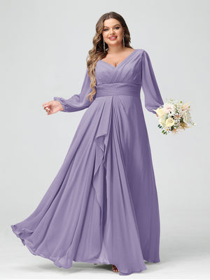 A-Line/Princess V-Neck Long Sleeves Chiffon Ruffles Plus Size Bridesmaid Dresses with Pockets