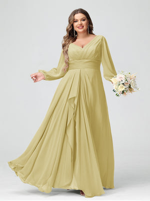 A-Line/Princess V-Neck Long Sleeves Chiffon Ruffles Plus Size Bridesmaid Dresses with Pockets