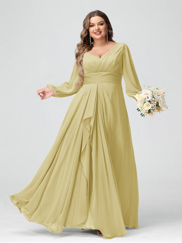 A-Line/Princess V-Neck Long Sleeves Chiffon Ruffles Plus Size Bridesmaid Dresses with Pockets