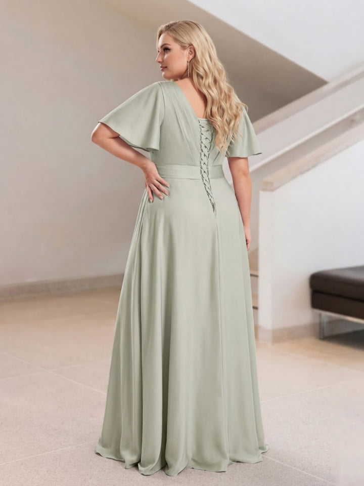 A-Line/Princess V-Neck Short Sleeves Silk Satin Plus Size Bridesmaid Dresses with Pockets