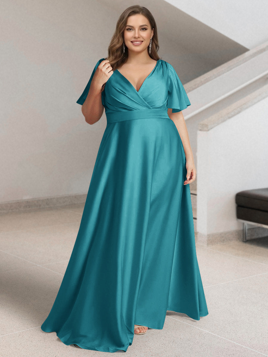 Lavetir Turquoise A-Line/Princess V-Neck Short Sleeves Silk Satin Plus Size Bridesmaid Dresses with Pockets 2026