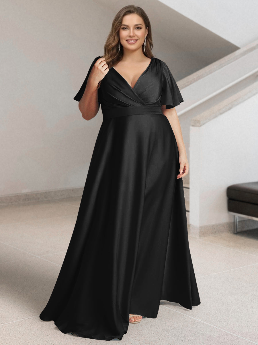 A-Line/Princess V-Neck Short Sleeves Silk Satin Plus Size Bridesmaid Dresses with Pockets