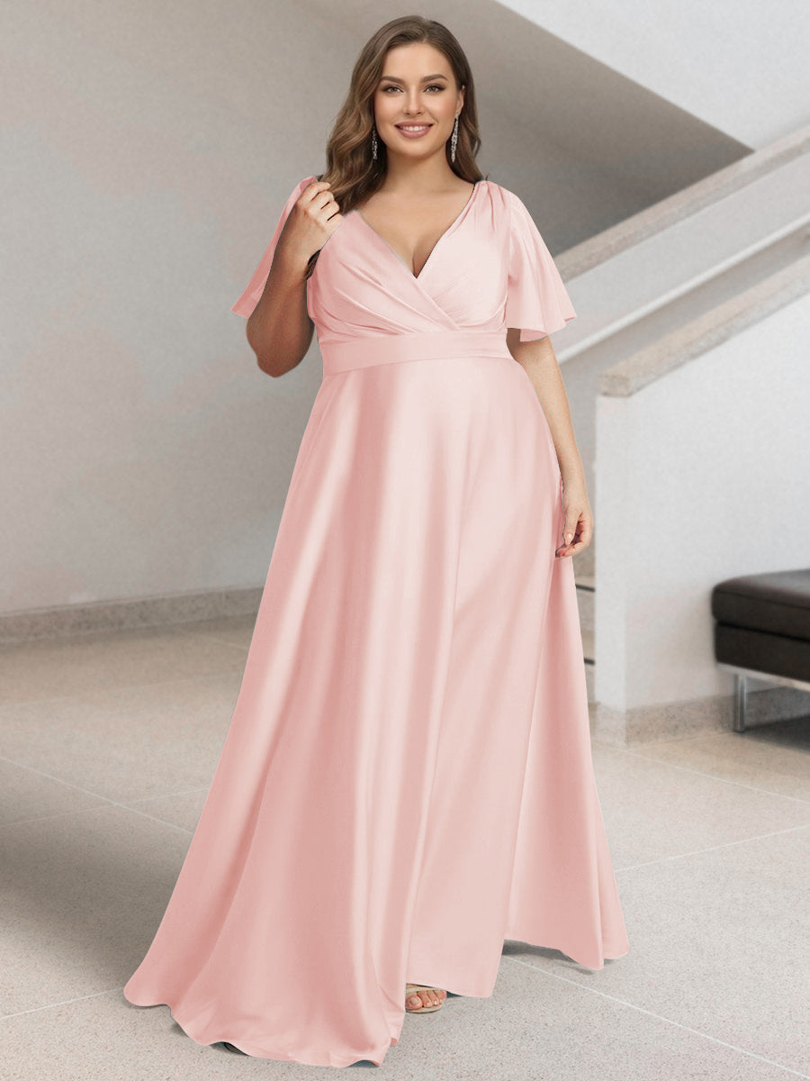 Lavetir Blush Pink A-Line/Princess V-Neck Short Sleeves Silk Satin Plus Size Bridesmaid Dresses with Pockets 2026