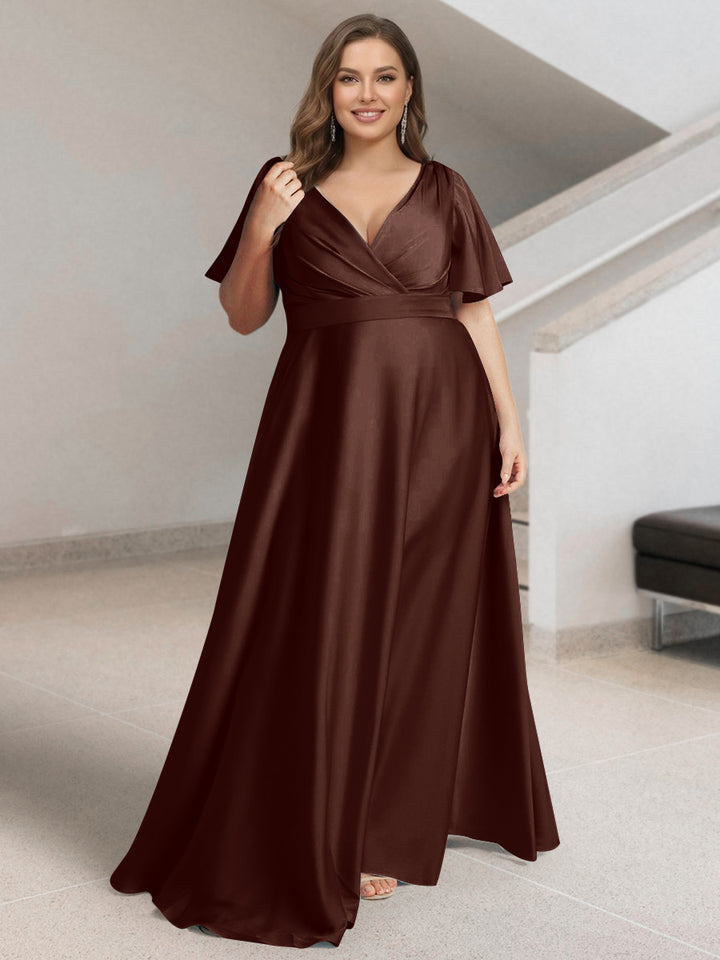 A-Line/Princess V-Neck Short Sleeves Silk Satin Plus Size Bridesmaid Dresses with Pockets