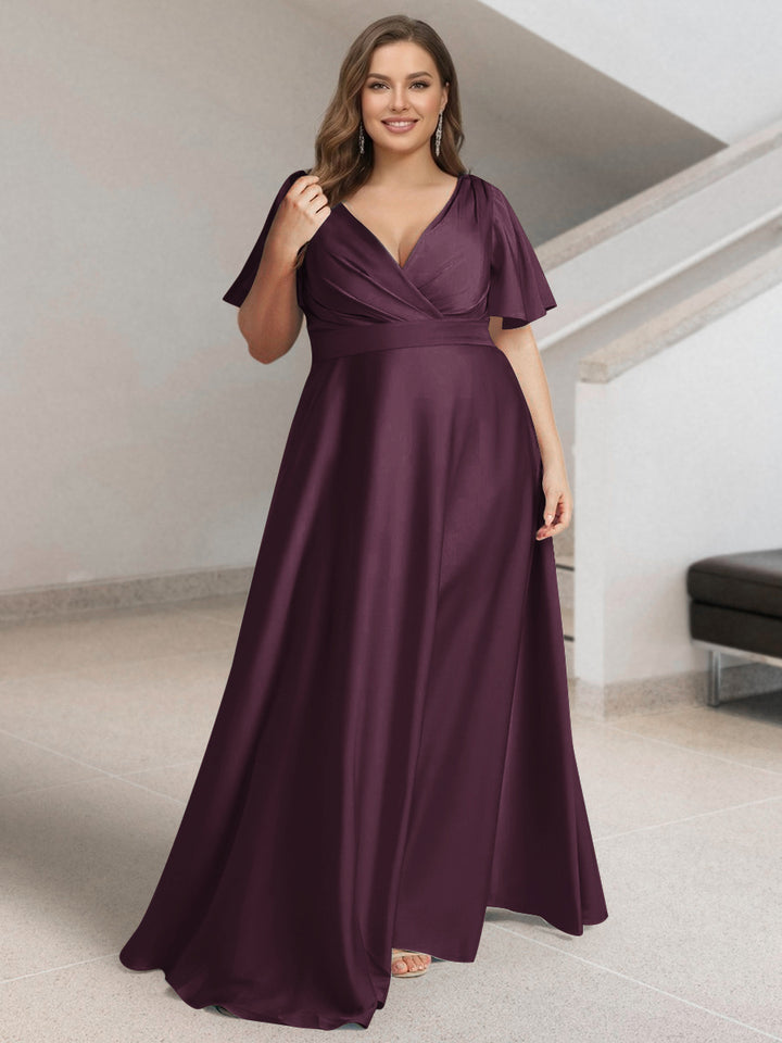 A-Line/Princess V-Neck Short Sleeves Silk Satin Plus Size Bridesmaid Dresses with Pockets