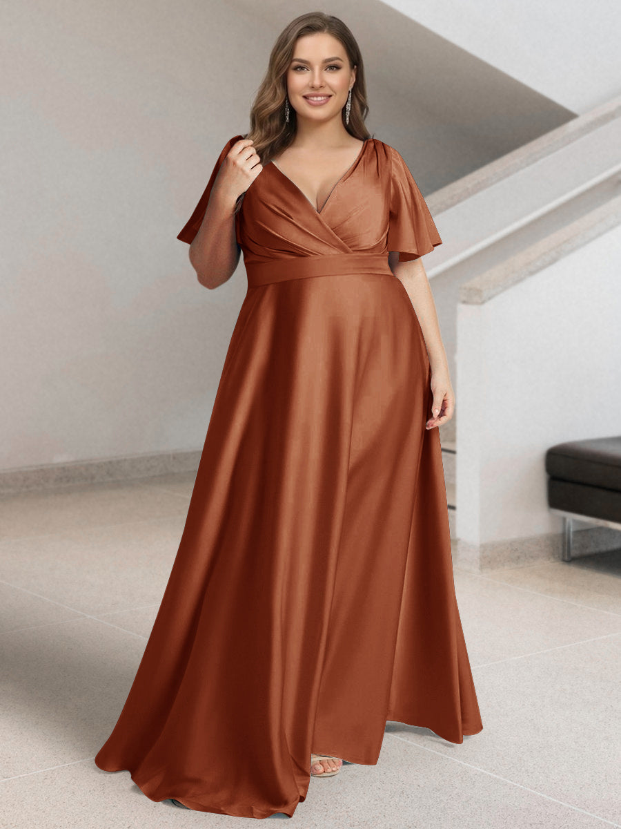 A-Line/Princess V-Neck Short Sleeves Silk Satin Plus Size Bridesmaid Dresses with Pockets