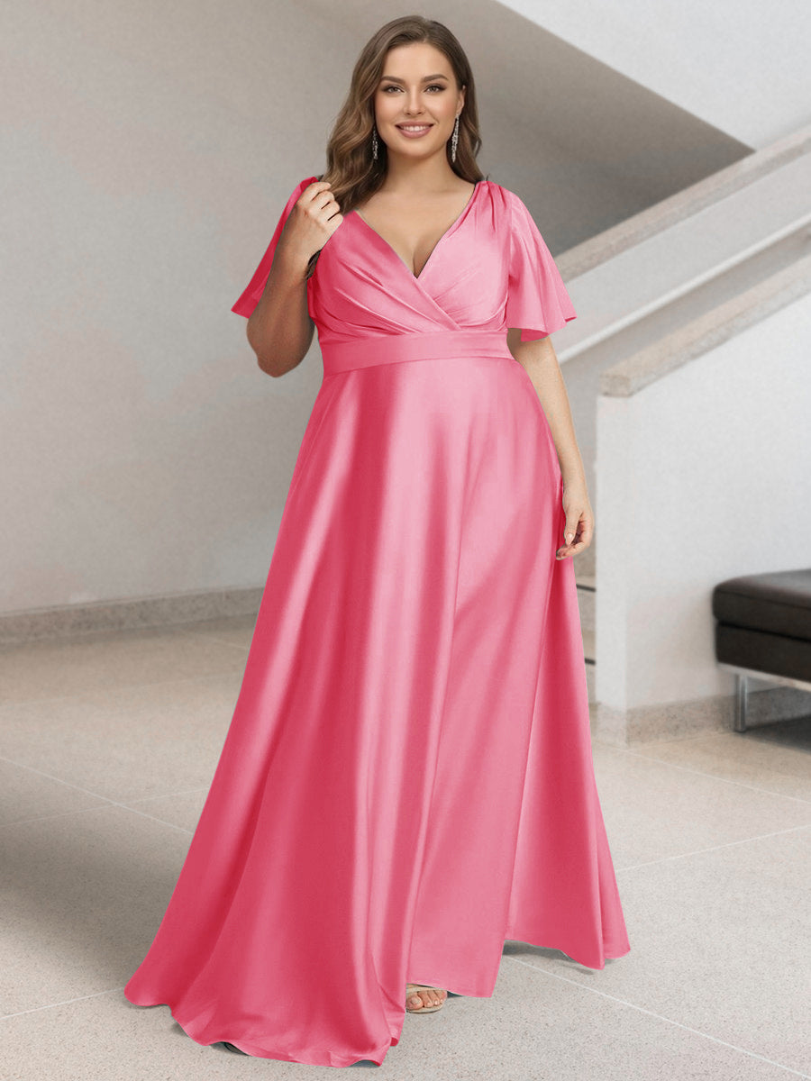 A-Line/Princess V-Neck Short Sleeves Silk Satin Plus Size Bridesmaid Dresses with Pockets