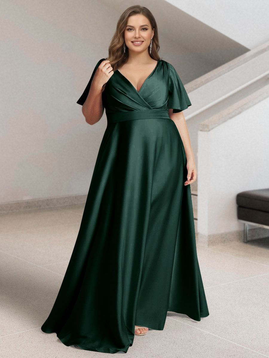 Lavetir Dark Green A-Line/Princess V-Neck Short Sleeves Silk Satin Plus Size Bridesmaid Dresses with Pockets 2026