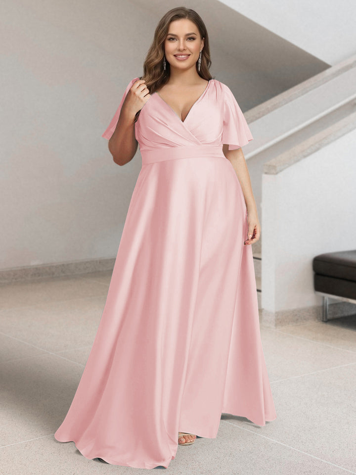 A-Line/Princess V-Neck Short Sleeves Silk Satin Plus Size Bridesmaid Dresses with Pockets