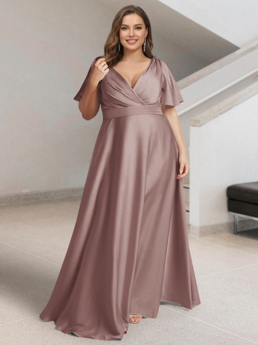 A-Line/Princess V-Neck Short Sleeves Silk Satin Plus Size Bridesmaid Dresses with Pockets