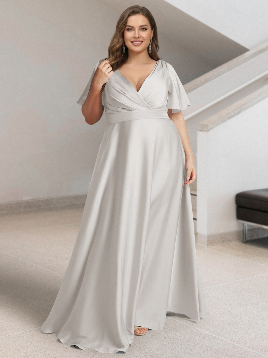 A-Line/Princess V-Neck Short Sleeves Silk Satin Plus Size Bridesmaid Dresses with Pockets