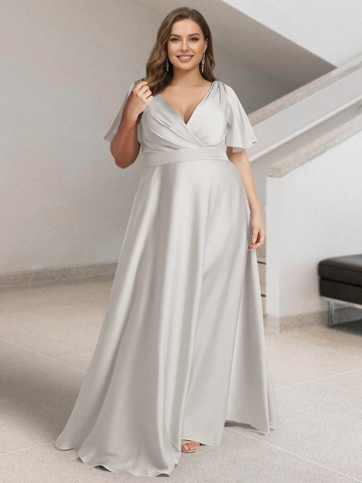 A-Line/Princess V-Neck Short Sleeves Silk Satin Plus Size Bridesmaid Dresses with Pockets