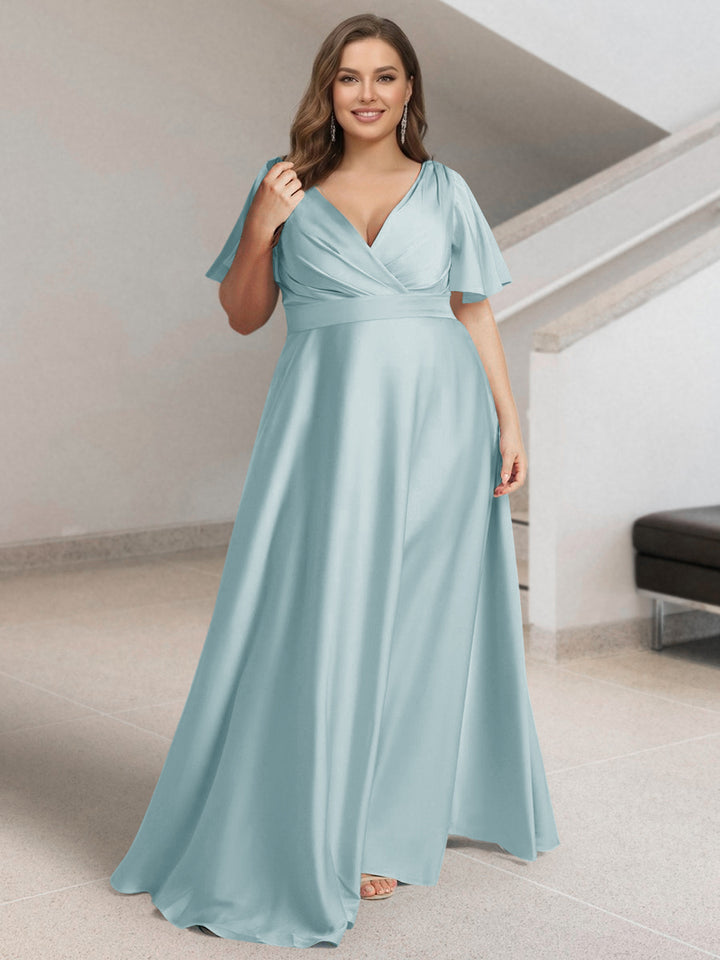 A-Line/Princess V-Neck Short Sleeves Silk Satin Plus Size Bridesmaid Dresses with Pockets