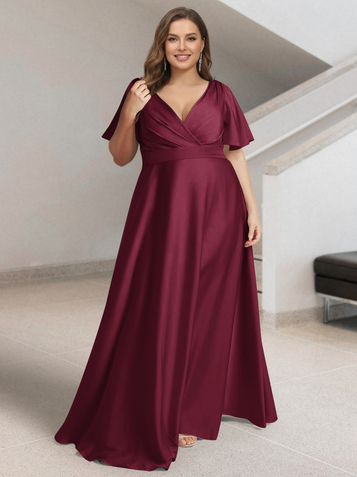 A-Line/Princess V-Neck Short Sleeves Silk Satin Plus Size Bridesmaid Dresses with Pockets