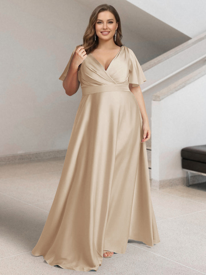A-Line/Princess V-Neck Short Sleeves Silk Satin Plus Size Bridesmaid Dresses with Pockets