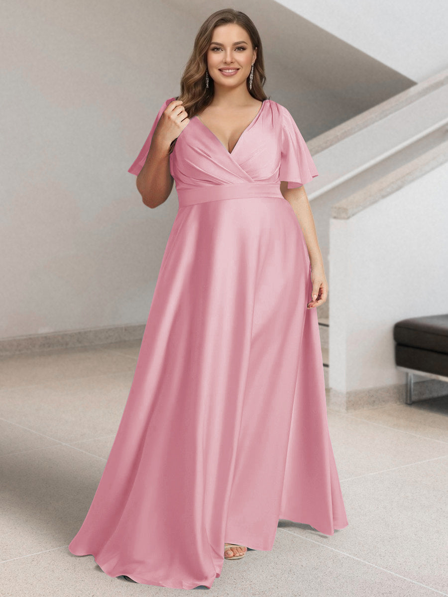 A-Line/Princess V-Neck Short Sleeves Silk Satin Plus Size Bridesmaid Dresses with Pockets