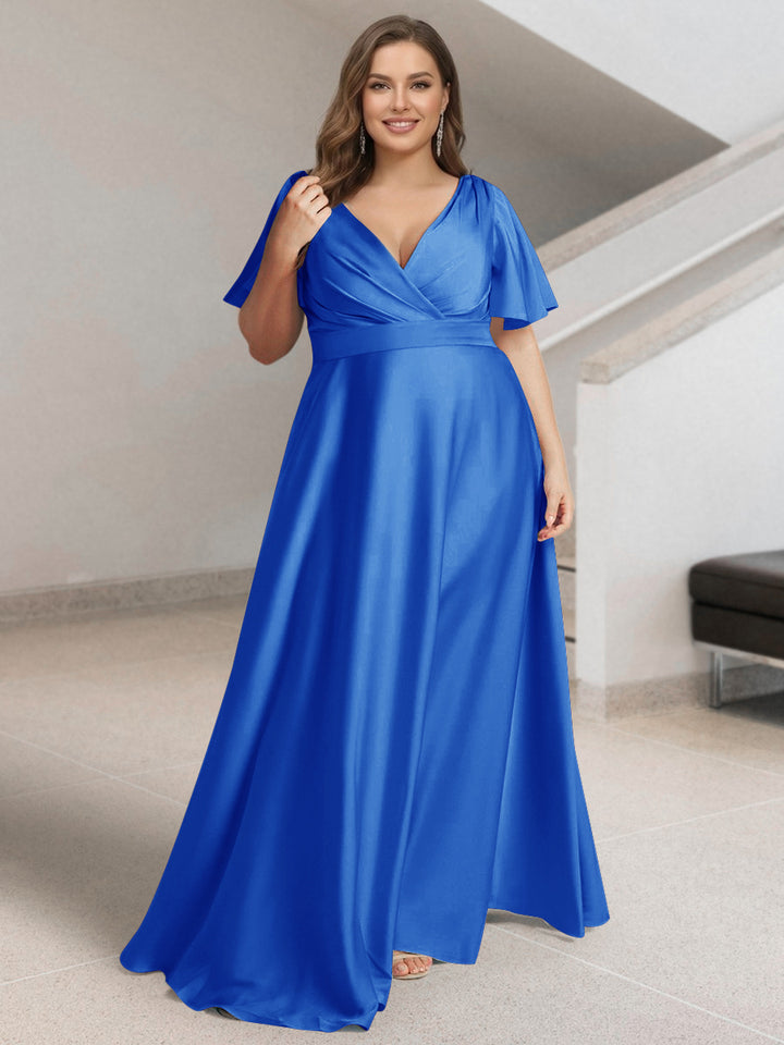 A-Line/Princess V-Neck Short Sleeves Silk Satin Plus Size Bridesmaid Dresses with Pockets