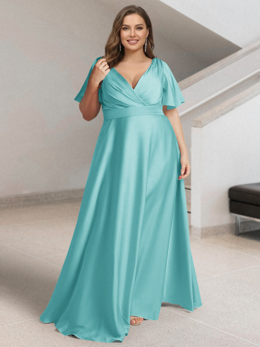 A-Line/Princess V-Neck Short Sleeves Silk Satin Plus Size Bridesmaid Dresses with Pockets