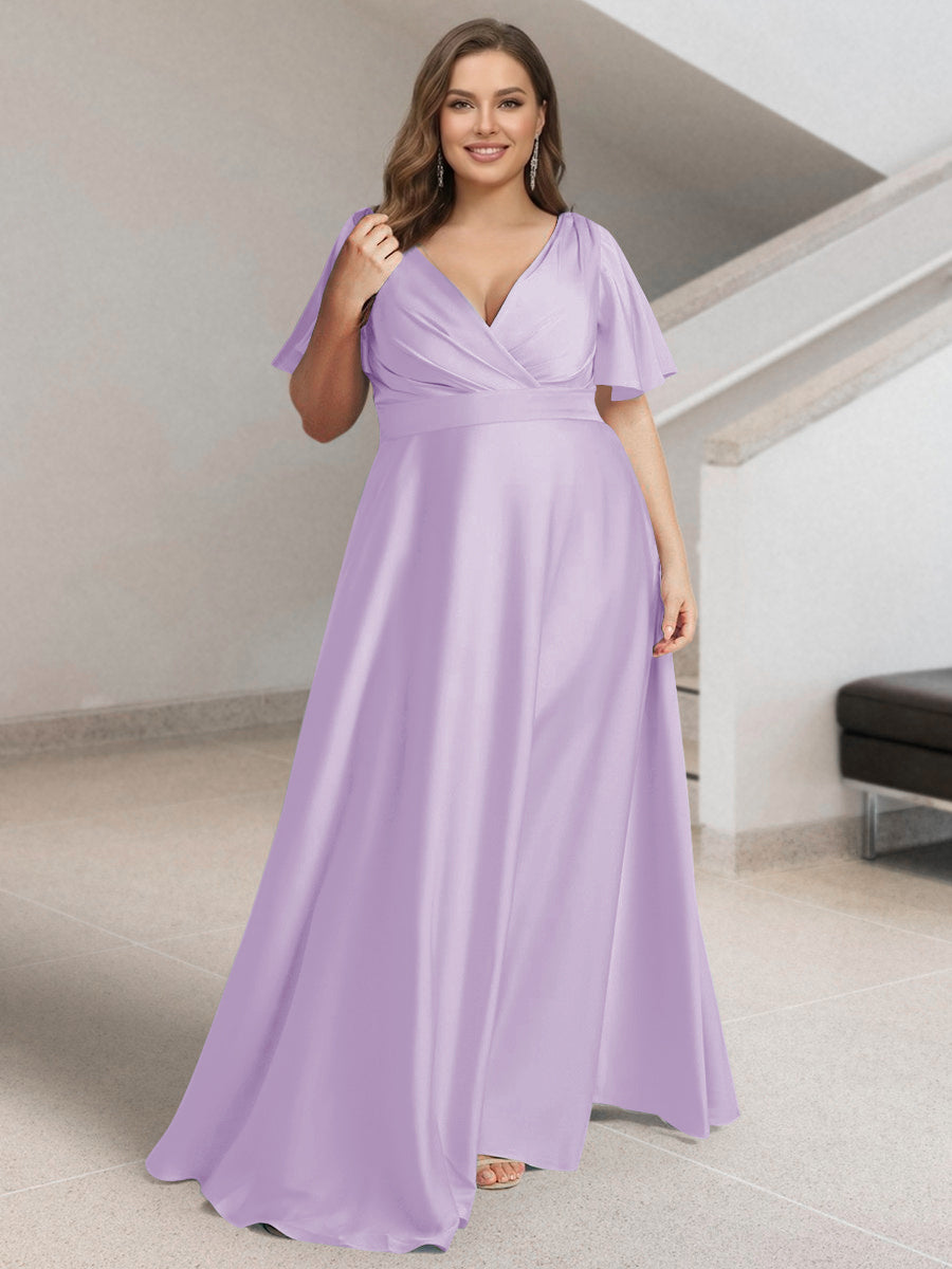 A-Line/Princess V-Neck Short Sleeves Silk Satin Plus Size Bridesmaid Dresses with Pockets
