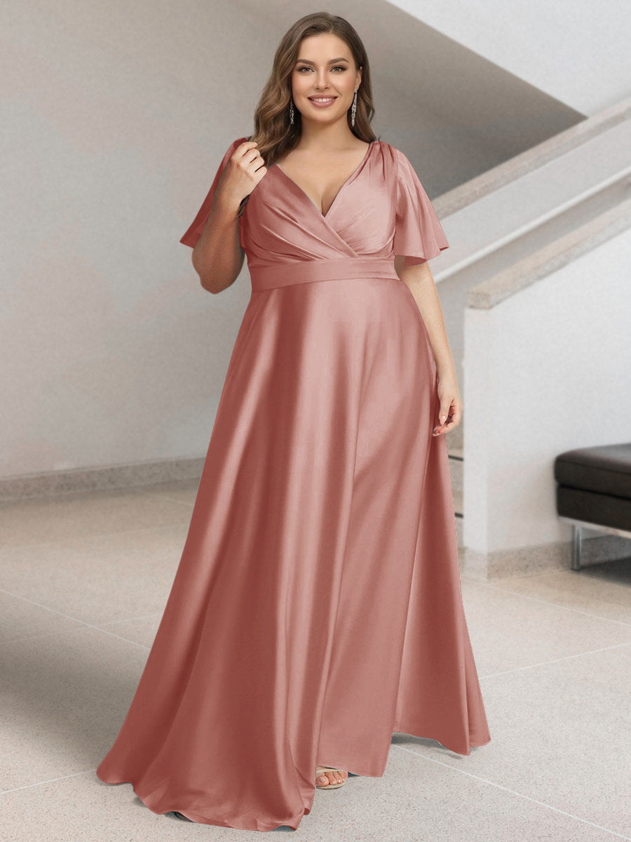 A-Line/Princess V-Neck Short Sleeves Silk Satin Plus Size Bridesmaid Dresses with Pockets