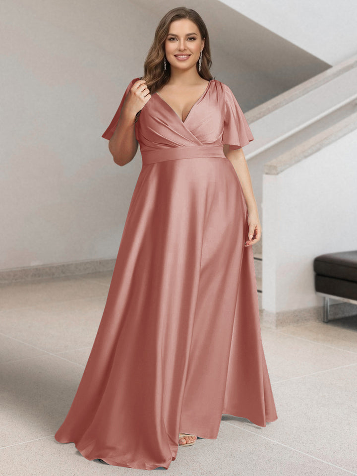 A-Line/Princess V-Neck Short Sleeves Silk Satin Plus Size Bridesmaid Dresses with Pockets