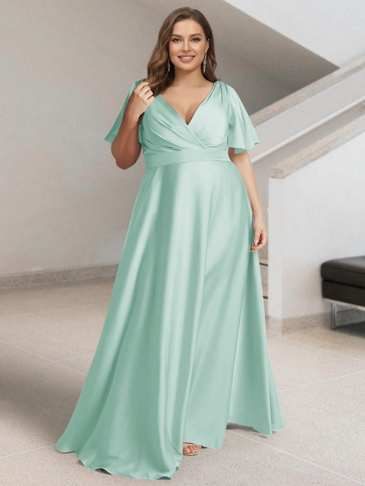 A-Line/Princess V-Neck Short Sleeves Silk Satin Plus Size Bridesmaid Dresses with Pockets
