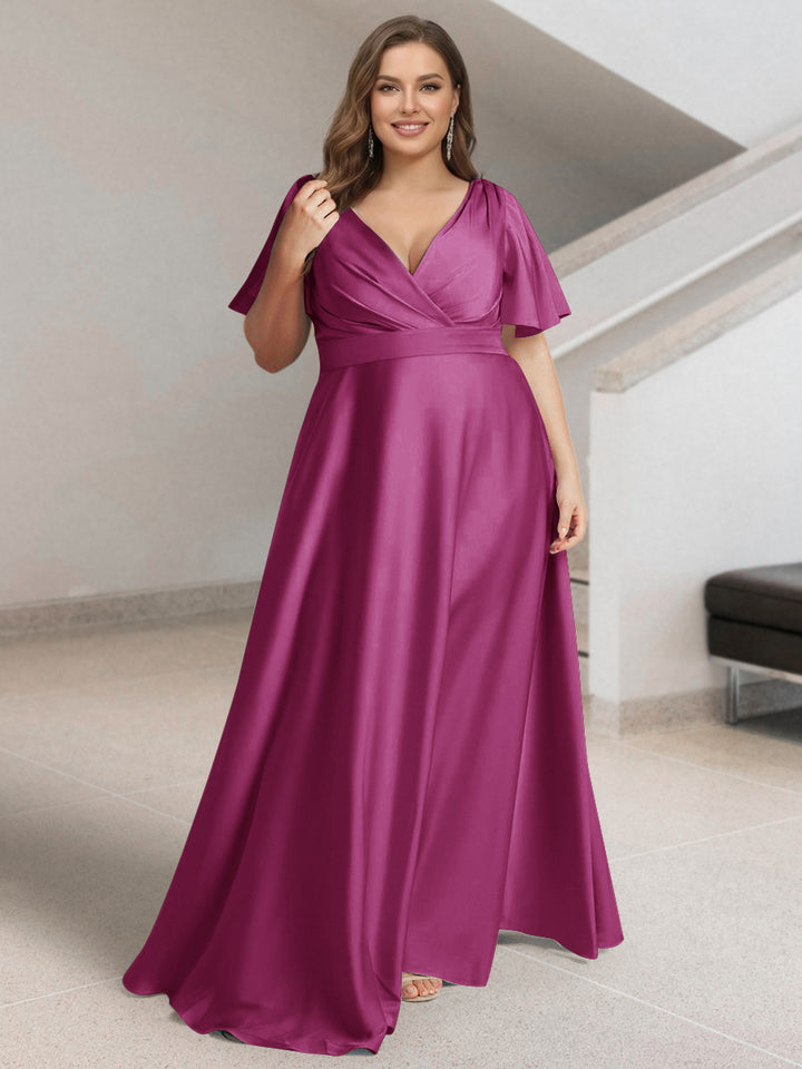 A-Line/Princess V-Neck Short Sleeves Silk Satin Plus Size Bridesmaid Dresses with Pockets