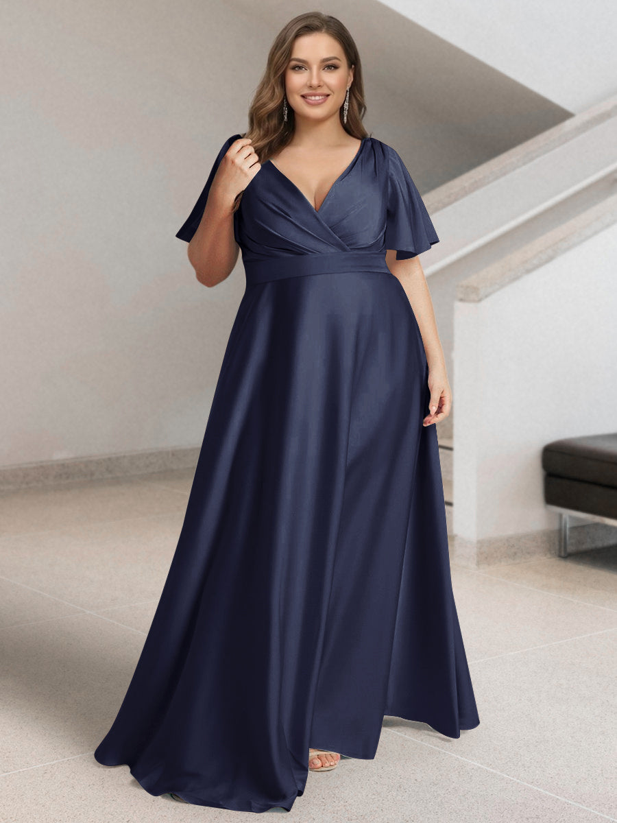 A-Line/Princess V-Neck Short Sleeves Silk Satin Plus Size Bridesmaid Dresses with Pockets