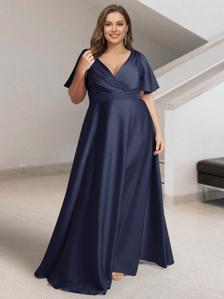 A-Line/Princess V-Neck Short Sleeves Silk Satin Plus Size Bridesmaid Dresses with Pockets