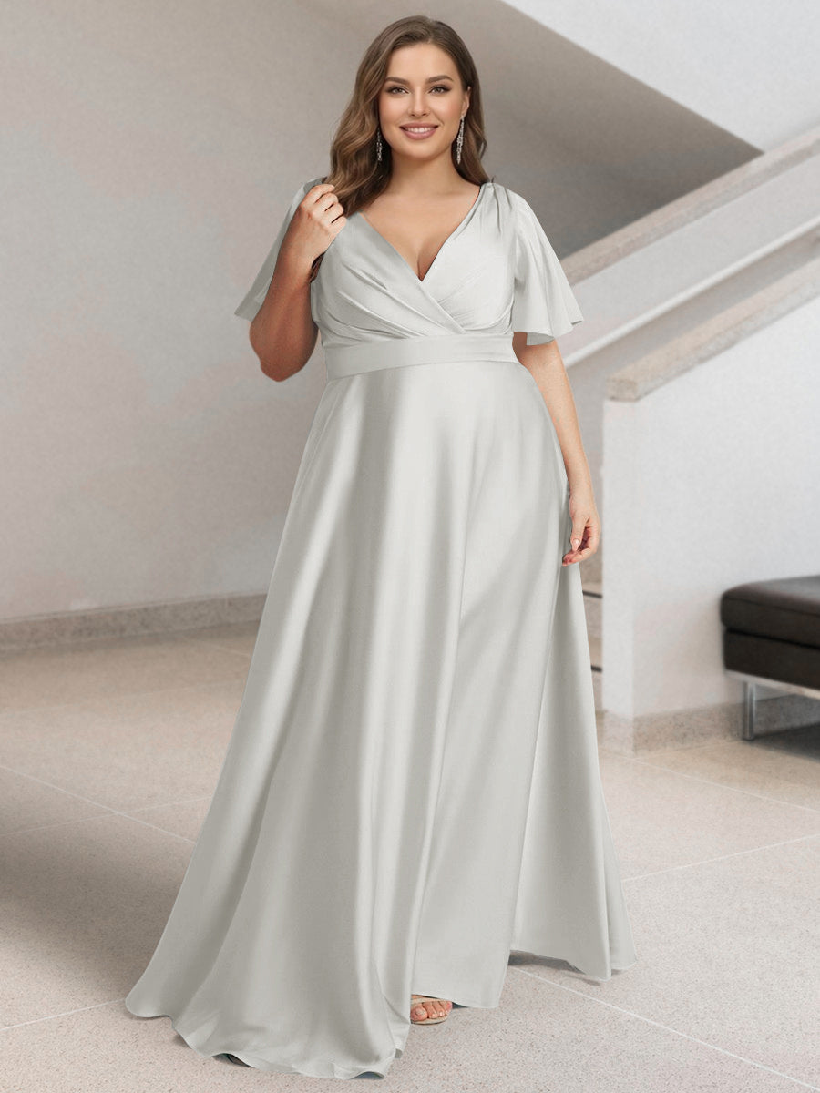 A-Line/Princess V-Neck Short Sleeves Silk Satin Plus Size Bridesmaid Dresses with Pockets