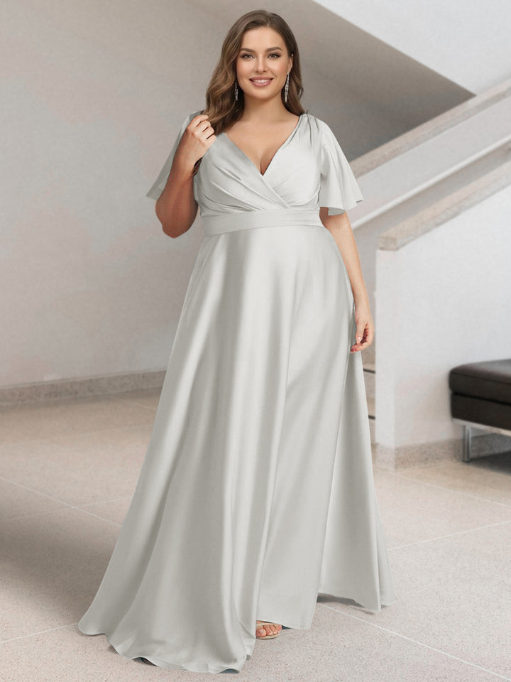 A-Line/Princess V-Neck Short Sleeves Silk Satin Plus Size Bridesmaid Dresses with Pockets