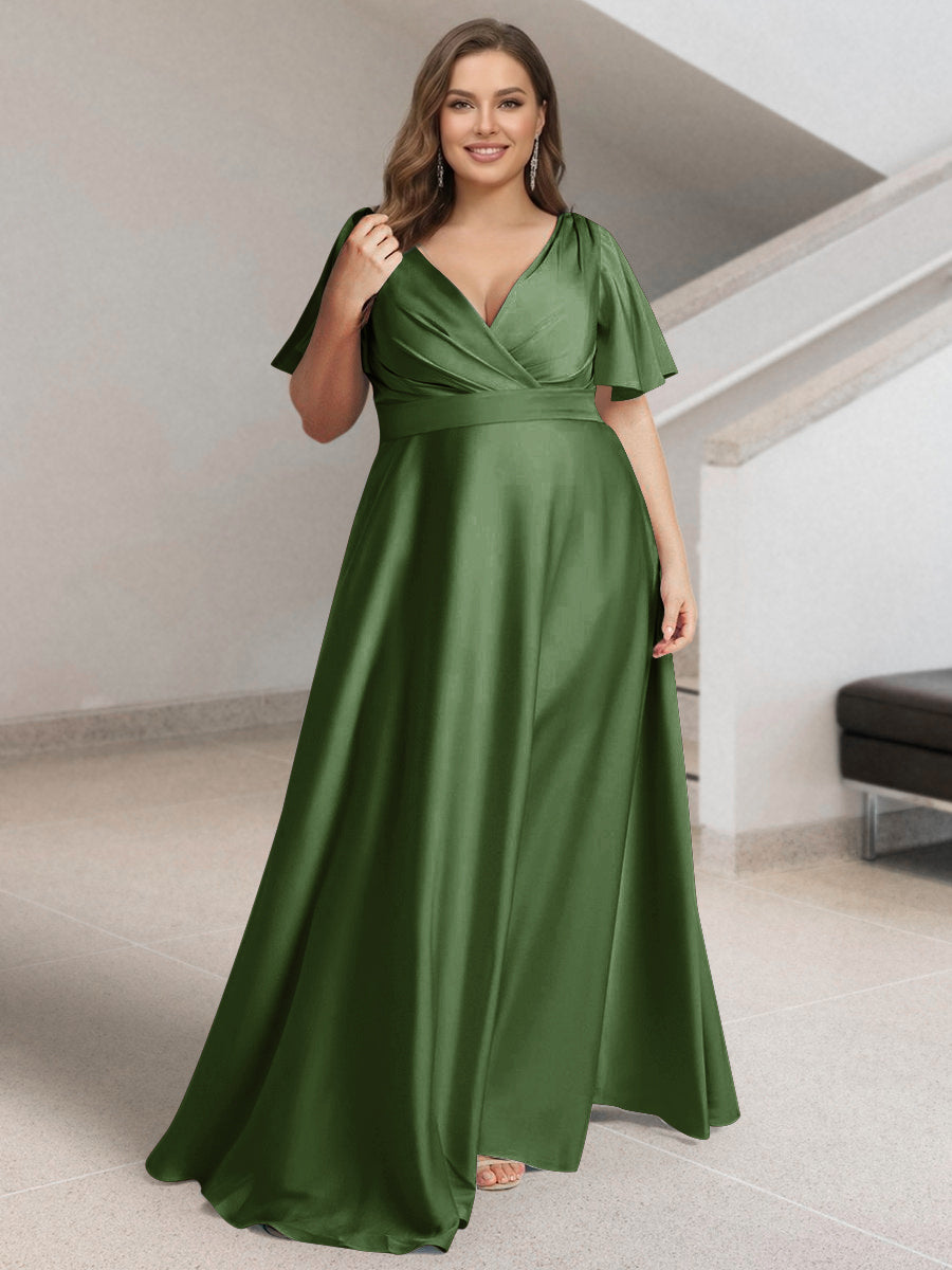 A-Line/Princess V-Neck Short Sleeves Silk Satin Plus Size Bridesmaid Dresses with Pockets