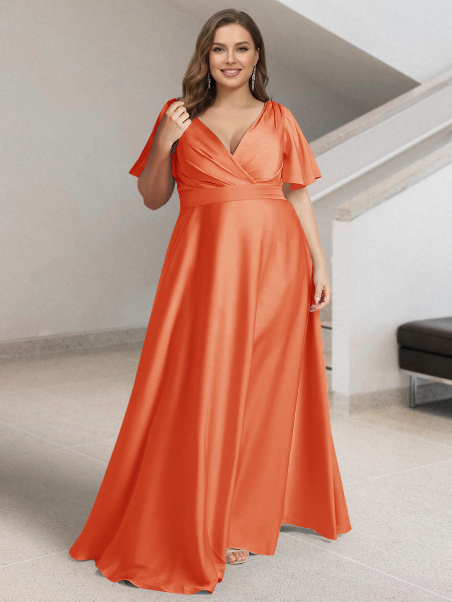 A-Line/Princess V-Neck Short Sleeves Silk Satin Plus Size Bridesmaid Dresses with Pockets