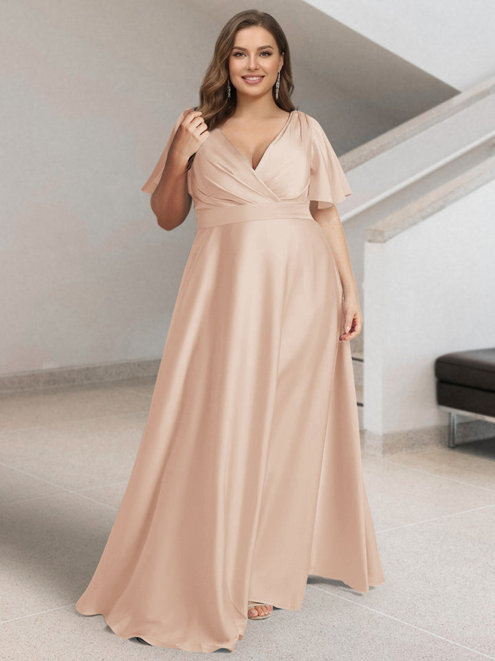A-Line/Princess V-Neck Short Sleeves Silk Satin Plus Size Bridesmaid Dresses with Pockets