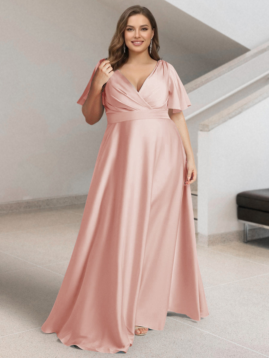 A-Line/Princess V-Neck Short Sleeves Silk Satin Plus Size Bridesmaid Dresses with Pockets