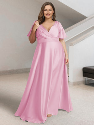 A-Line/Princess V-Neck Short Sleeves Silk Satin Plus Size Bridesmaid D A-Line/Princess V-Neck Short Sleeves Silk Satin Plus Size Bridesmaid D