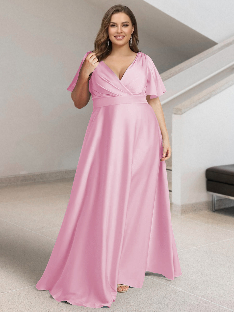 A-Line/Princess V-Neck Short Sleeves Silk Satin Plus Size Bridesmaid Dresses with Pockets