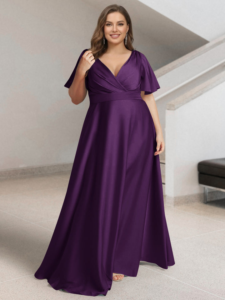 A-Line/Princess V-Neck Short Sleeves Silk Satin Plus Size Bridesmaid Dresses with Pockets