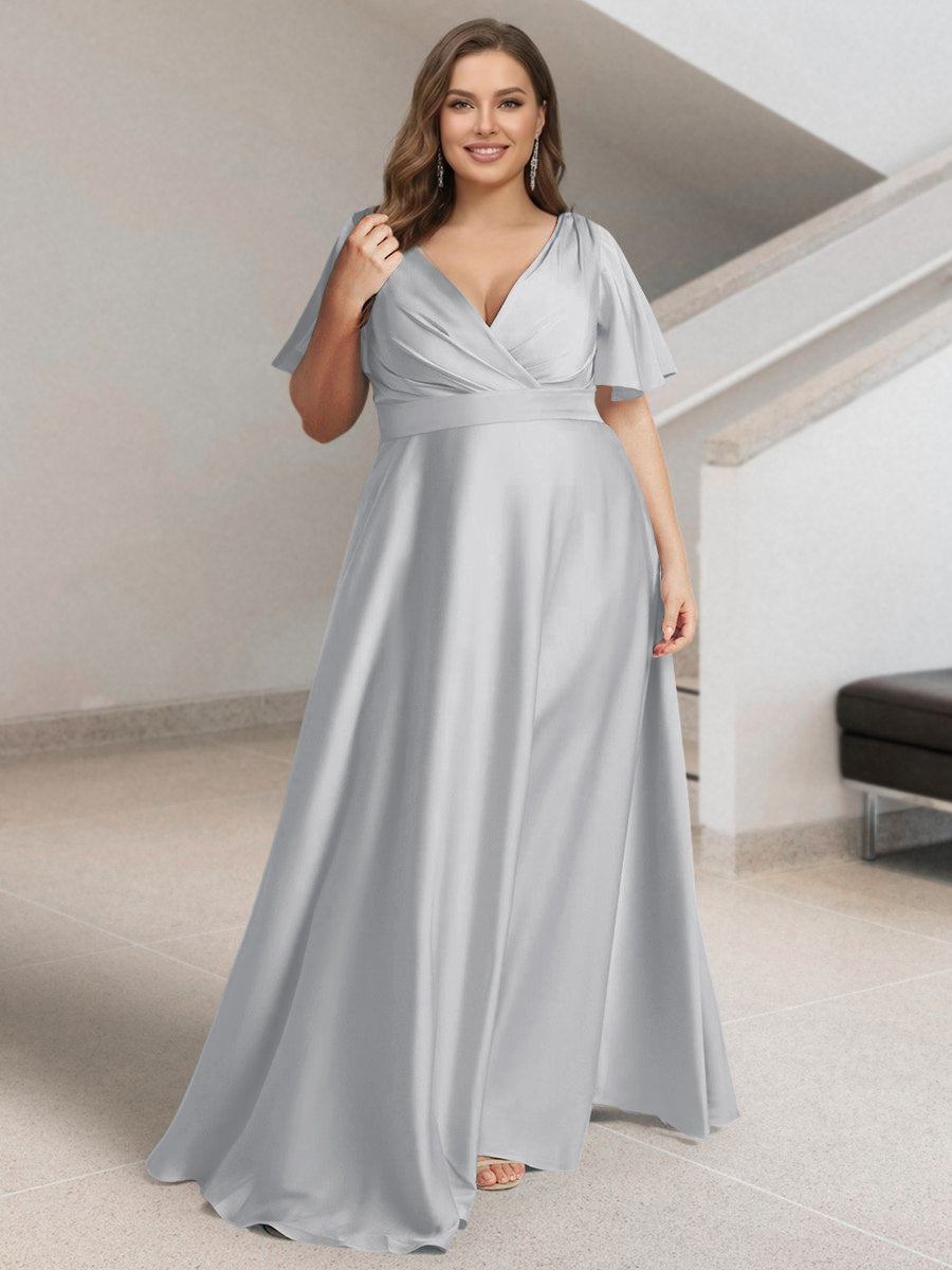 A-Line/Princess V-Neck Short Sleeves Silk Satin Plus Size Bridesmaid Dresses with Pockets