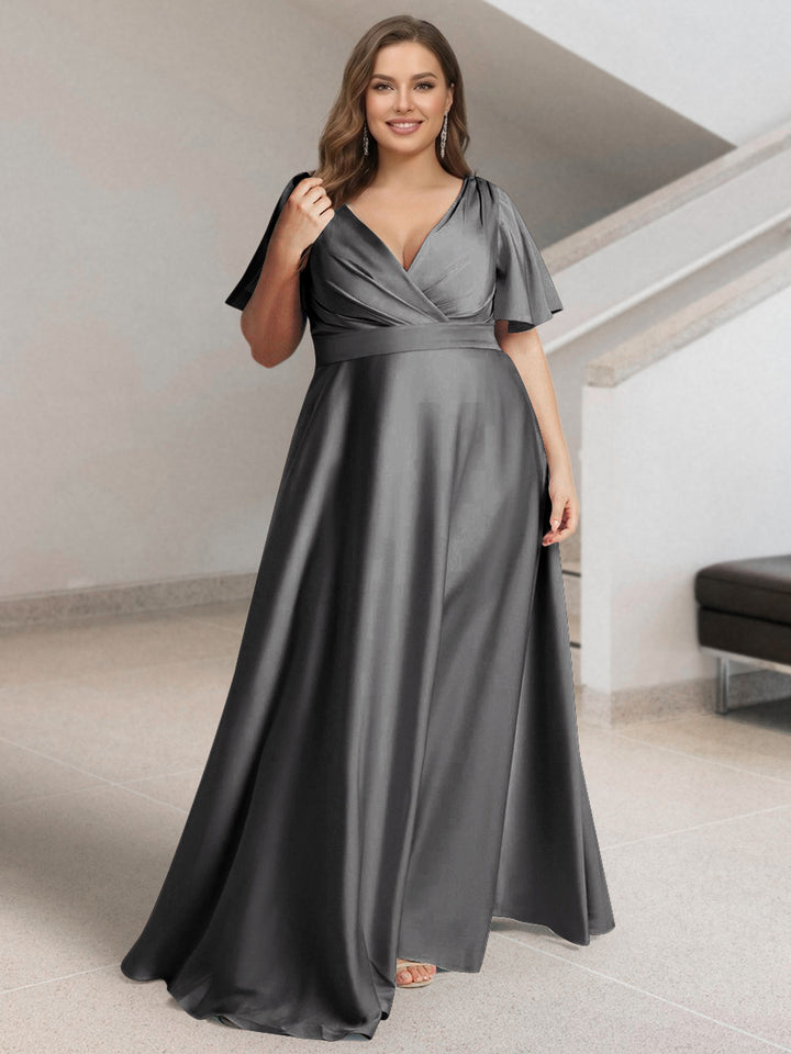 A-Line/Princess V-Neck Short Sleeves Silk Satin Plus Size Bridesmaid Dresses with Pockets