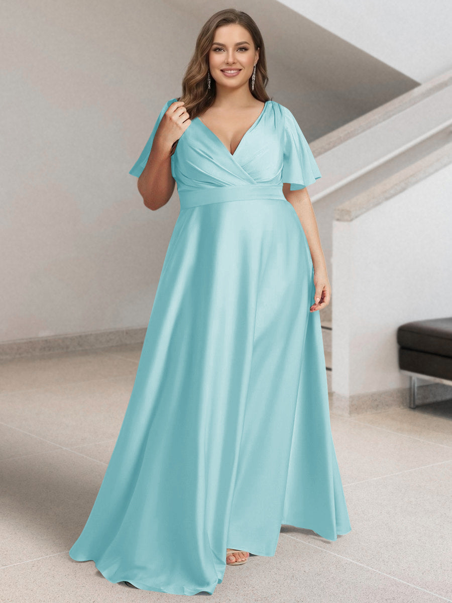 A-Line/Princess V-Neck Short Sleeves Silk Satin Plus Size Bridesmaid Dresses with Pockets