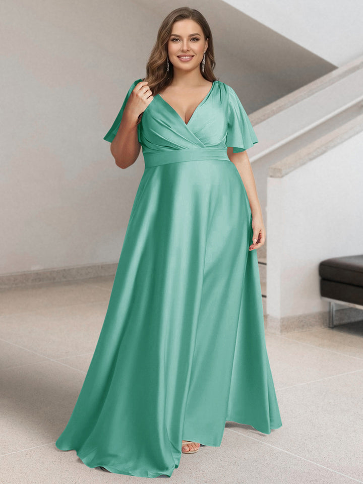 A-Line/Princess V-Neck Short Sleeves Silk Satin Plus Size Bridesmaid Dresses with Pockets