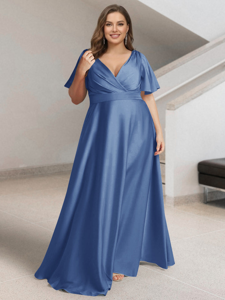 A-Line/Princess V-Neck Short Sleeves Silk Satin Plus Size Bridesmaid Dresses with Pockets