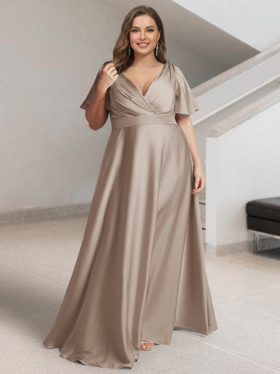 A-Line/Princess V-Neck Short Sleeves Silk Satin Plus Size Bridesmaid Dresses with Pockets