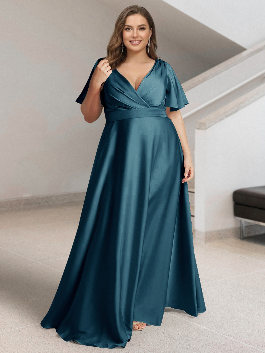 A-Line/Princess V-Neck Short Sleeves Silk Satin Plus Size Bridesmaid Dresses with Pockets