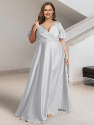A-Line/Princess V-Neck Short Sleeves Silk Satin Plus Size Bridesmaid D A-Line/Princess V-Neck Short Sleeves Silk Satin Plus Size Bridesmaid D