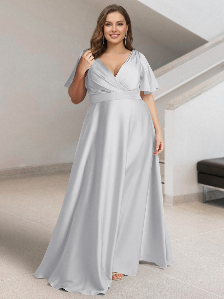 A-Line/Princess V-Neck Short Sleeves Silk Satin Plus Size Bridesmaid Dresses with Pockets