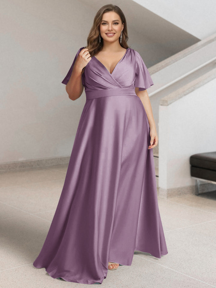 A-Line/Princess V-Neck Short Sleeves Silk Satin Plus Size Bridesmaid Dresses with Pockets