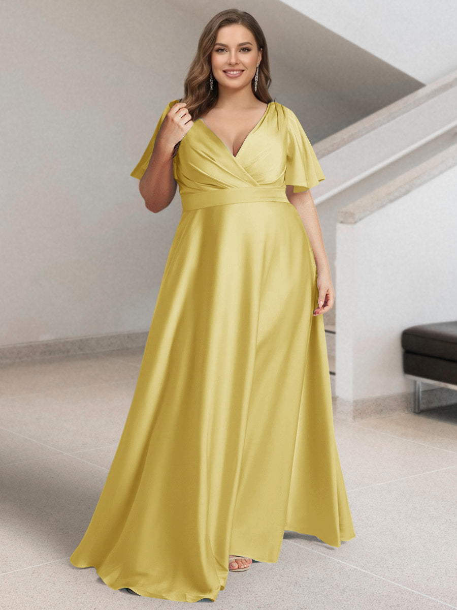 A-Line/Princess V-Neck Short Sleeves Silk Satin Plus Size Bridesmaid Dresses with Pockets