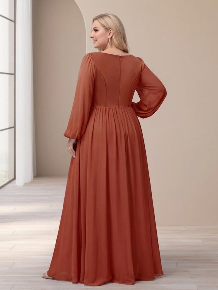 A-Line/Princess V-Neck Long Sleeves Chiffon Long Plus Size Bridesmaid Dresses With Split Side